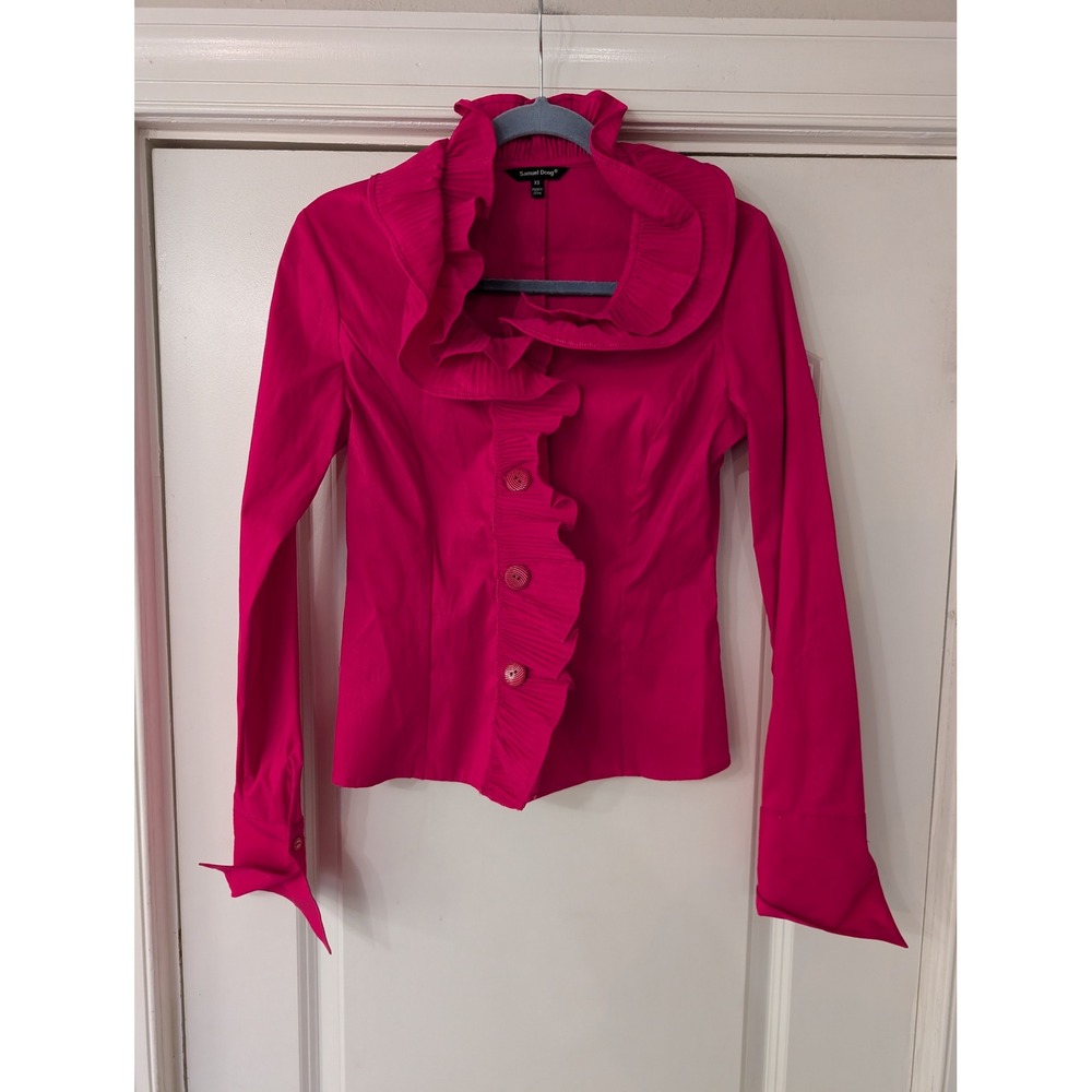 Samuel Dong Womens Fuchsia Pink Ruffle Collar Button Front Jacket XS Tailored